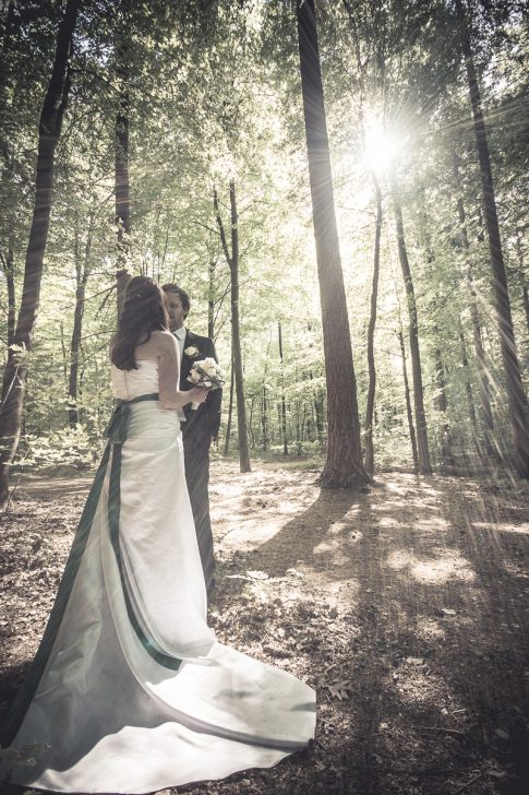 Brautpaar in Wald mit Sonne in Rastede in Niedersachsen